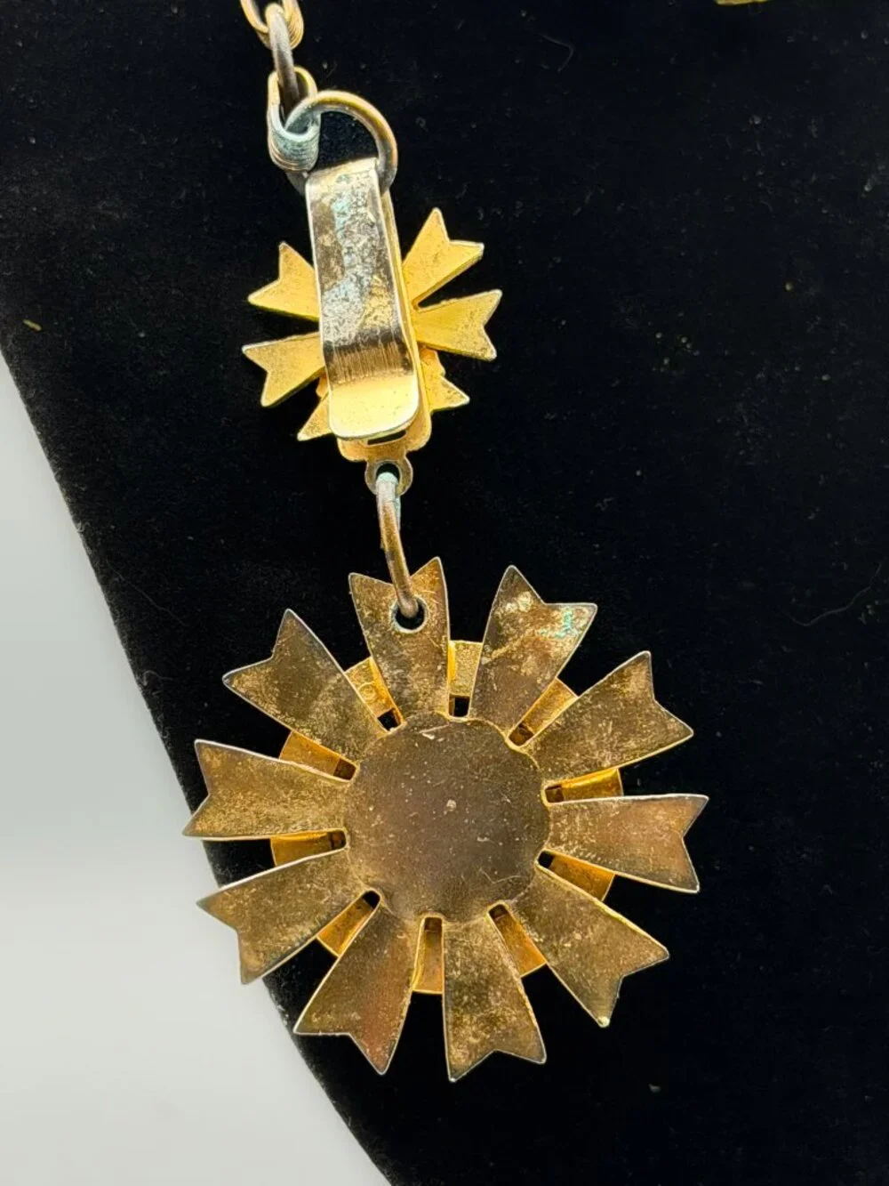 Antique Heraldic Sunburst Medallion Necklace Enamel Fleur-de-Lis Brass Maltese
